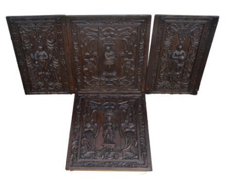 Two pairs of late 17th/early 18th century carved oak door panels, each with central emblematic female figures, the larger pai