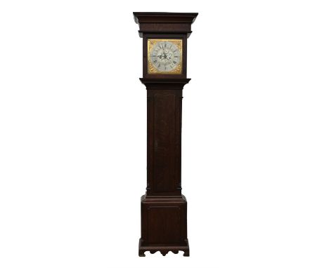 An oak longcase clock by Dolly Rollyson, Hilton, with architectural design case, with columns to the corners of the truck, th