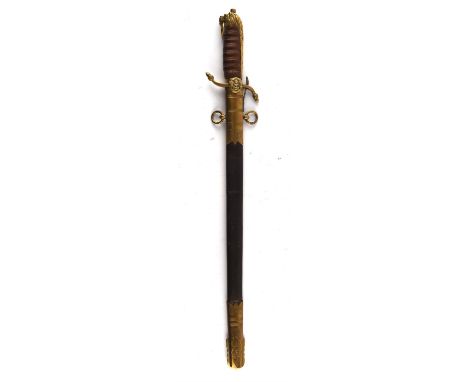 An early 20th century, naval Officers short sword with double edged engraved steel blade (48.5cm), brass cross guard hilt wit