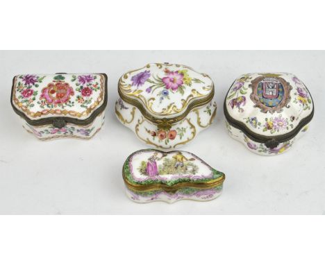Two French enamel pill/trinket boxes the hinged covers with armorials and two porcelain pill/trinket boxes (4)