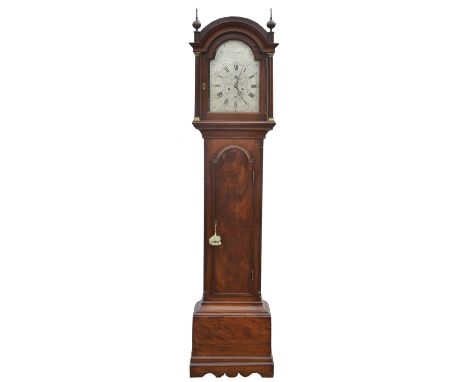 A George III mahogany longcase clock, the 11in steel arched face marked for Thos Shindler, Canterbury, with date aperture and