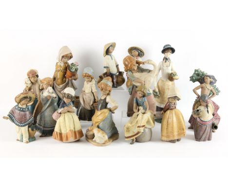 Fifteen Lladro matt glaze figures including ; Mountain Shepherd, Hawaiian Girl,  Girl with Geranium, Girl with two pails and 