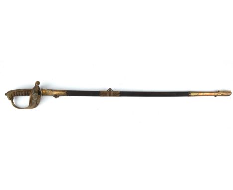 A 19th century Naval officers sword by MATTHEWS & Co, QUEEN St, PORTSEA, with engraved steel blade (77cm), brass guard with h