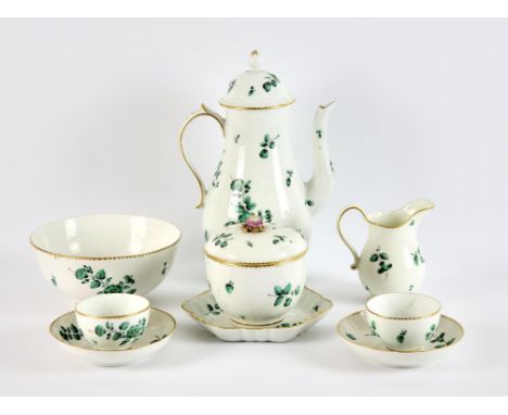A Chelsea-Derby part coffee tea service, circa. 1769-1784, decorated with green floral sprays, gold Chelsea Derby marks,  to 