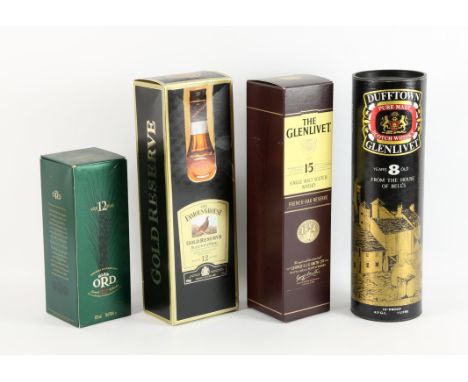 Four bottles of whisky comprising ; Dufftown 8 year old Glenlivet scotch (1970's), Glen Ord single malt Scotch, The Glenlivet