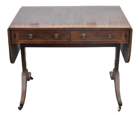 A Regency mahogany sofa table, the top rosewood banded, with two drawers and opposing dummy drawers, on sabre legs, H 72cm, D