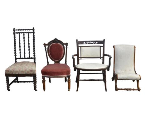 A group of four nursing chairs, Victorian/Edwardian, to include a bobbin turned simulated rosewood example, a 1900s mahogany 