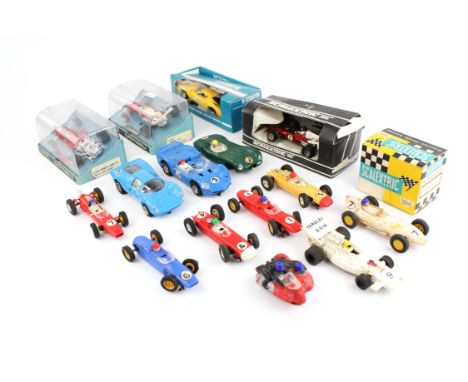 A quantity of vintage Scalextric slot cars including ; C25 Ferrari 312, C26 March Ford 721, C17 Lamborghini, C51 BRM P.160, B