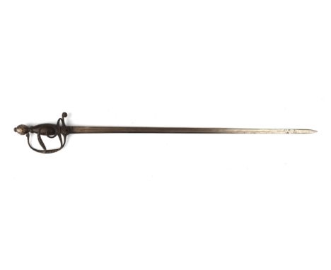 An 18th century Continental Walloon type sword with straight steel blade (72cm), scroll basket hilt, bulbous wooden grip and 