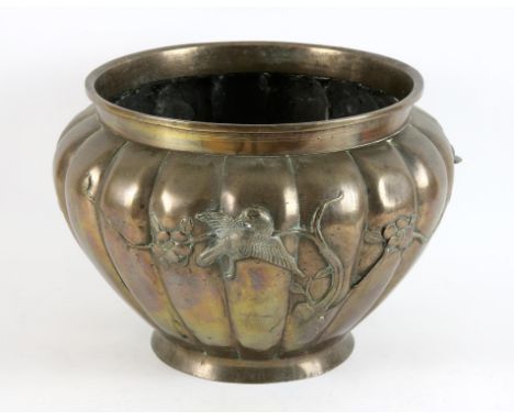 A Japanese metal planter [or other ribbed vessel] decorated on the exterior with a kacho-ga of sparrows and prunus; about 22c
