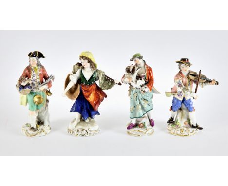 Three Meissen figures, late 19th/early 20th Century,  comprising a lady with a dog, scratched and impressed marks to base, B 
