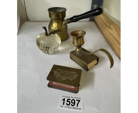 A brass chamber candlestick matchbook holder &amp; glass apple paperweight etc.