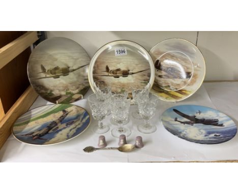 A quantity of Royal Worcester aircraft plates, pink Wedgwood thimbles &amp; hallmarked silver RAF badminton teaspoon
