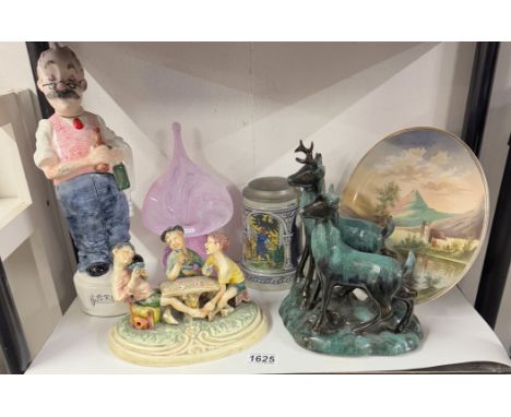 A mixed lot including Blue Mountain pottery stag &amp; deer, glass vase &amp; musical decanter etc.