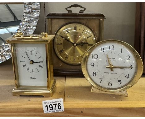 3 Clocks including mantel, carriage &amp; an alarm clock