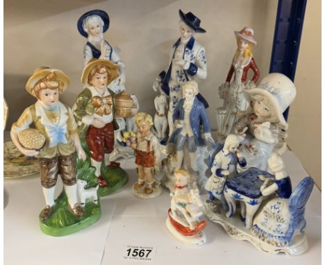 A quantity of Continental ceramic figures including blue &amp; white