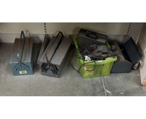 3 Tool boxes, two empty, 1 with contents and some electrical hand tools