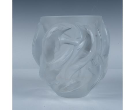 Beautiful clear frosted crystal vase with a thick relief dolphin design. Lalique engraved signature on base. This item has it