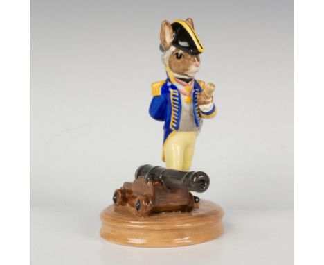 A commander of a ship standing next to a canon and ammunition, wearing colonial clothing and holding a map. Part of the Shipm