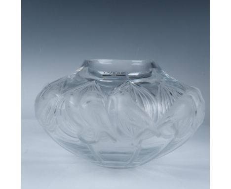 Beautiful squat oval vase with smaller opening on top. Features frosted doves in front of clear leaves. Lalique France etched