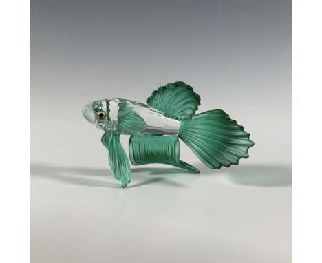 A lively green, clear and frosted crystal fish in motion, with sparkling iridescent eyes. Swarovski acid mark. This item has 