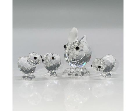 Feature a hen and a trio of chicks, all made out of clear faceted crystal with black eyes. The hen has a frosted crest and th