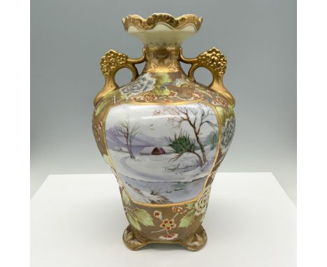 Elegant hand painted ceramic vase featuring intricate floral designs in blue, green, and red hues. The vase includes ornate r