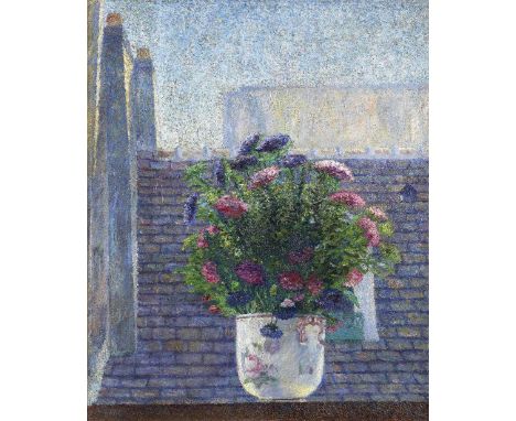 ALBERT DUBOIS-PILLET (1846-1890)Reines-marguerites dans un pot sur le rebord d'une fenêtre signed 'Dubois-Pillet' (lower left