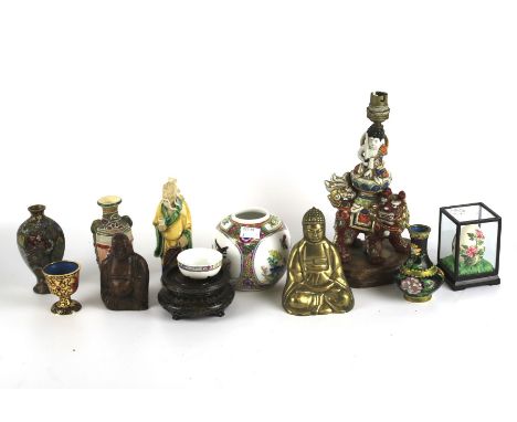 A group of assorted Oriental items including a fine detailed Choisennse vase 12cm (AF), a ginger jar and cover, two Buddhas, 