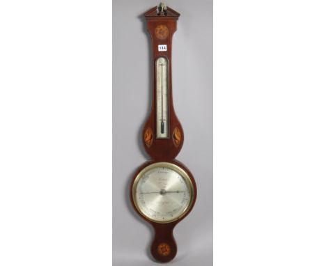 A 19th century inlaid-mahogany banjo barometer having a silvered-metal dial signed “Cattely, Hereford”, 97cm high (the broken