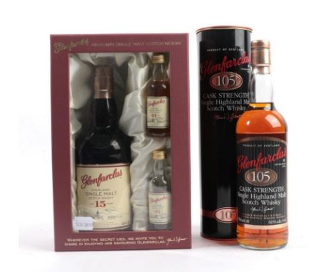 Glenfarclas 15 Year Old Highland Single Malt Whisky, 46% vol 700ml, presentation box also containing two 50ml bottles of Glen
