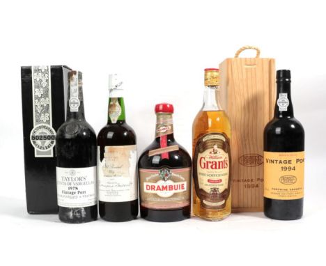 Rutherford's Old Special Dry Madeira WIne, (one bottle), Grant's Finest Scotch Whisky, (one bottle), Drambuie Liqueur, (one 1