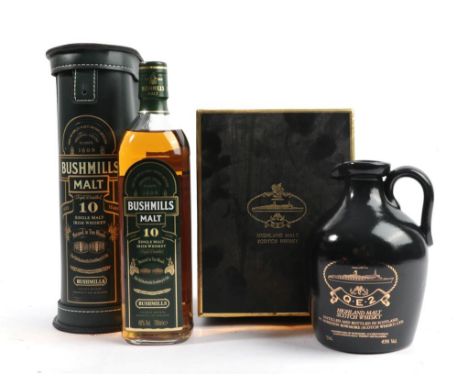 Bushmills 10 Year Old Single Malt Irish Whiskey, 40% vol 70cl, in stitched green leather case (one bottle), Q.E.2 Highland Ma