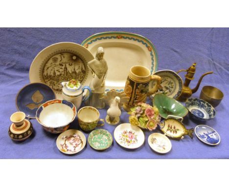 Stuart crystal pitcher, a Susan Ball studio pottery plate&nbsp;decorated with fish and assorted glassware and chinaware&nbsp;