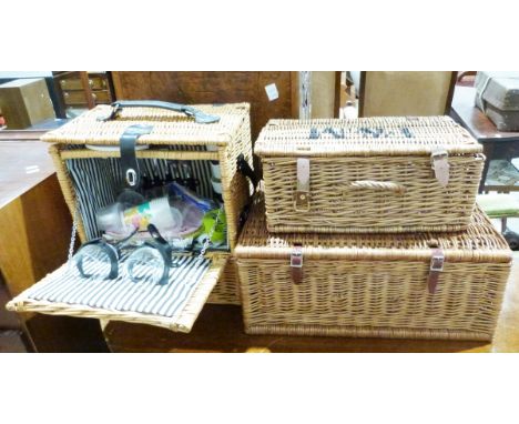 Wicker picnic basket with plates, knives, forks, spoons, condiment set, glasses, etc,&nbsp;a Fortnum &amp; Mason wicker hampe