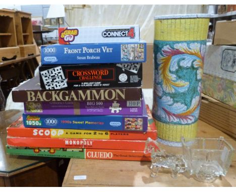 Collection of games and jigsaws&nbsp;to include Crossword Challenge, Backgammon, etc, a tall cylindrical vase&nbsp;and a glas