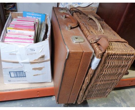 Wicker picnic hamper, a leather briefcase and a collection of Ordnance Survey maps&nbsp; 