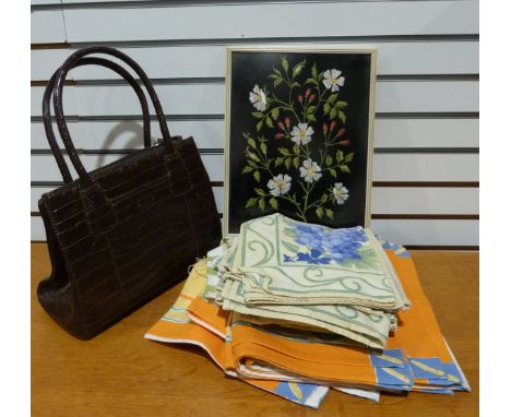 Three boxes of assorted linen and tablecloths&nbsp;and a leather faux-crocodile skin handbag&nbsp;by Osprey&nbsp; 