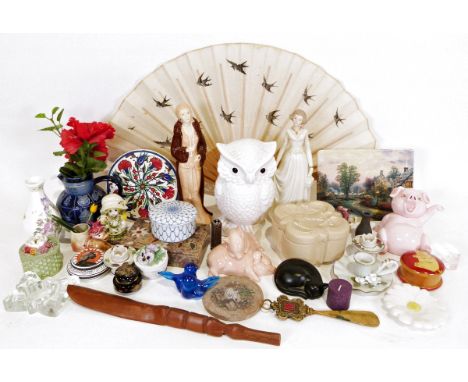 London pottery lidded trinket dish, a glass model&nbsp;of a swan and cygnet and various glass and chinaware&nbsp;(3 boxes)&nb