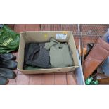 Shooting clothing comprising a leather waistcoat with cartridge hoops, 2 off fabric waistcoats and a