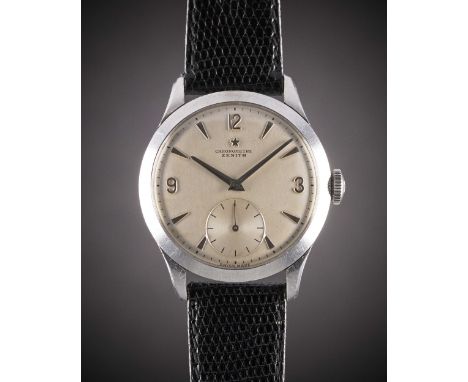 A RARE GENTLEMAN'S STAINLESS STEEL ZENITH 135 CHRONOMETRE WRIST WATCHCIRCA 1950sMovement: 19J, manual wind chronometer, signe