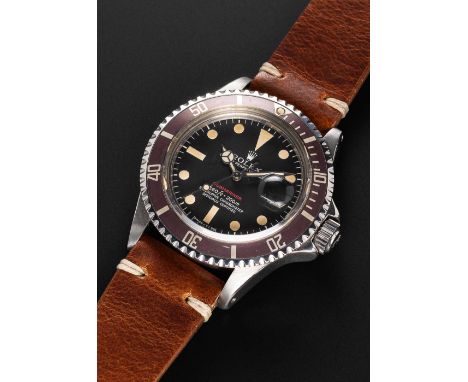 A RARE GENTLEMAN'S STAINLESS STEEL ROLEX OYSTER PERPETUAL DATE "RED WRITING" SUBMARINER WRIST WATCHCIRCA 1974, REF. 1680 WITH