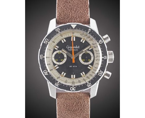 A GENTLEMAN'S STAINLESS STEEL GIGANDET "BIG BOY" CHRONOGRAPH WRIST WATCHCIRCA 1968, REF. 1382 WITH BLACK DIAL & "LICORICE ALL