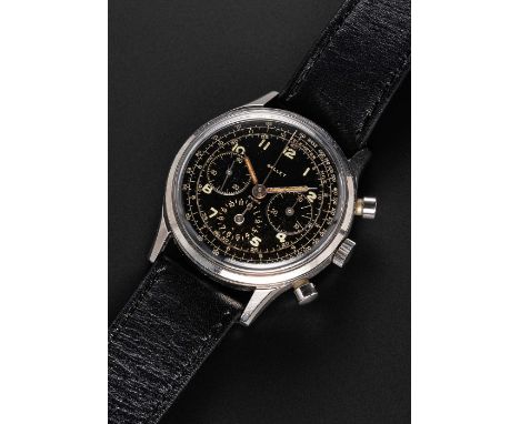 A GENTLEMAN'S LARGE SIZE STAINLESS STEEL GALLET MULTICHRON 12 "JIM CLARK" CHRONOGRAPH WRIST WATCHCIRCA 1960, WITH GLOSS BLACK