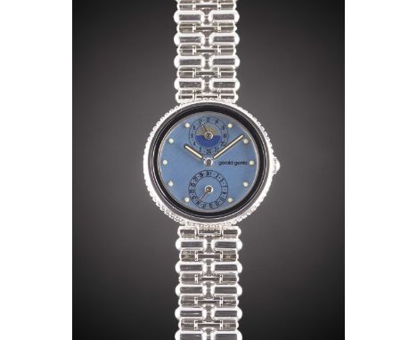 A LADIES 18K SOLID WHITE GOLD GERALD GENTA GEFICA CALENDAR BRACELET WATCHCIRCA 1990, REF. G 3279.7 WITH MOTHER OF PEARL DIALM