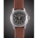 A GENTLEMAN'S HEUER "UP & DOWN" PILOTS CHRONOGRAPH WRIST WATCH CIRCA 1940, WITH GLOSS BLACK GILT