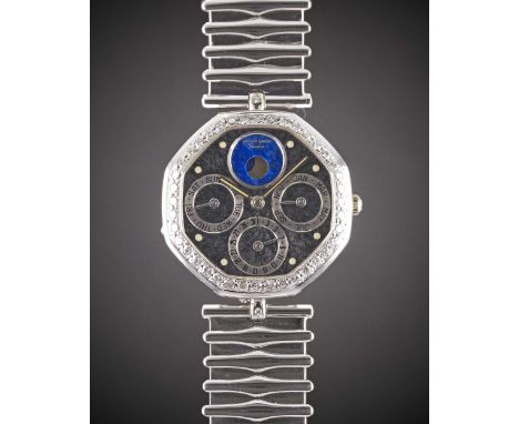 AN 18K SOLID WHITE GOLD & DIAMOND GERALD GENTA TRIPLE CALENDAR MOONPHASE BRACELET WATCHCIRCA 1990, REF. G 2213.4 WITH TEXTURE