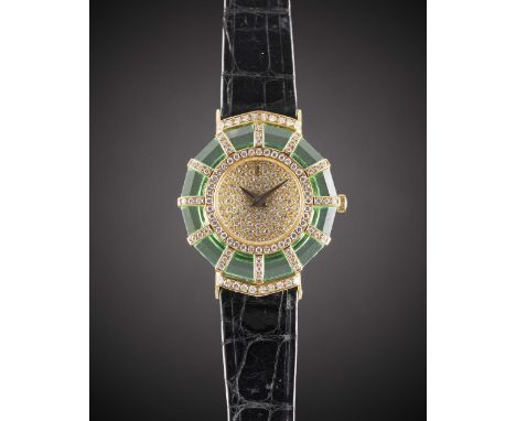 A LADIES 18K SOLID GOLD, DIAMOND & GREEN CRYSTAL CORUM PRINCESS LIMELIGHT WRIST WATCHCIRCA 1990s, REF. 24.882.65 WITH ORIGINA