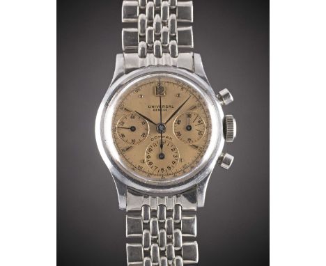 A GENTLEMAN'S STAINLESS STEEL UNIVERSAL GENEVE COMPAX CHRONOGRAPH BRACELET WATCHCIRCA 1950, REF. 22278 WITH "SALMON" DIALMove