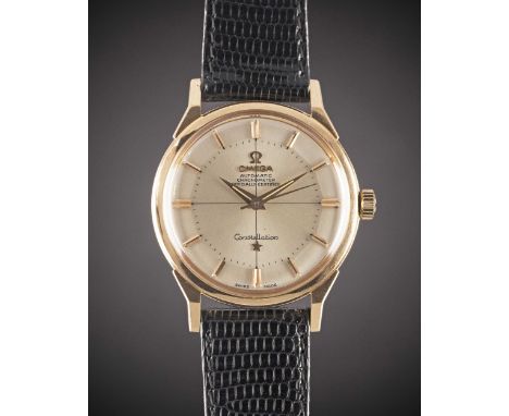 A RARE GENTLEMAN'S 18K SOLID ROSE GOLD OMEGA CONSTELLATION CHRONOMETER WRIST WATCHCIRCA 1962, REF. 167005 6 62 SC WITH SILVER